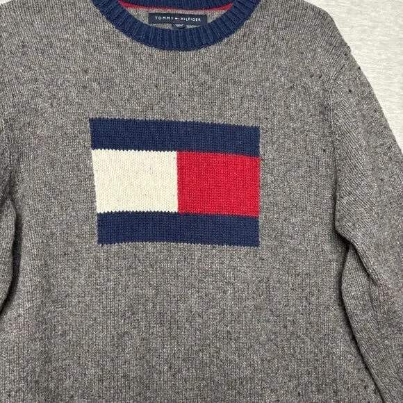 Tommy Hilfiger Sweater‎ Crewneck Flag Logo Pullover Knit Gray XL Men